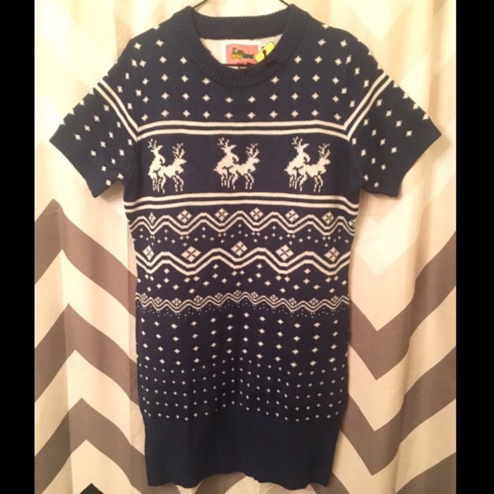 Tipsy Elves Blue Reindeer Christmas Sweater Dress